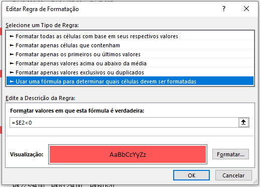 Edição da formatação por fórmula