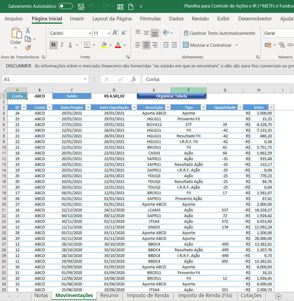 Planilha Controle Ações Excel Grátis