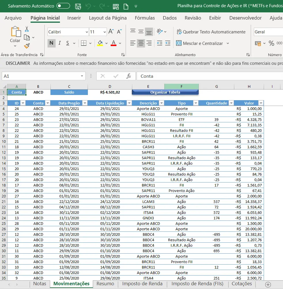 Planilha Controle Ações Excel Grátis