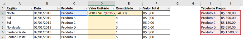 Aplicando o PROCV na tabela