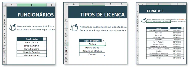 Visão Geral das 3 principais abas da Planilha de Controle de Frequência