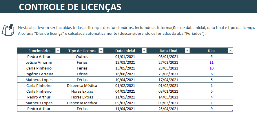 Como Fazer o Controle de Frequência de Funcionários – Planilha Gratuita 8 Aba Controle de Licenças