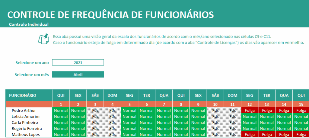 Como Fazer o Controle de Frequência de Funcionários – Planilha Gratuita 9 Aba Calendário de Frequência Geral