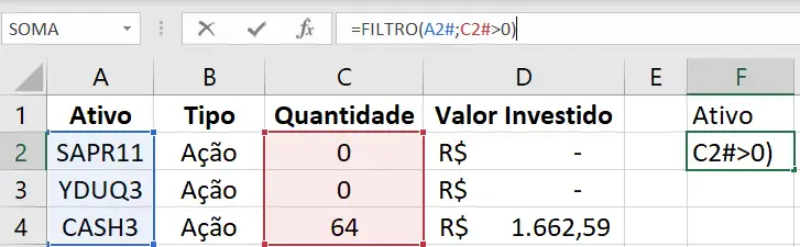 Carteira com as Posições Abertas