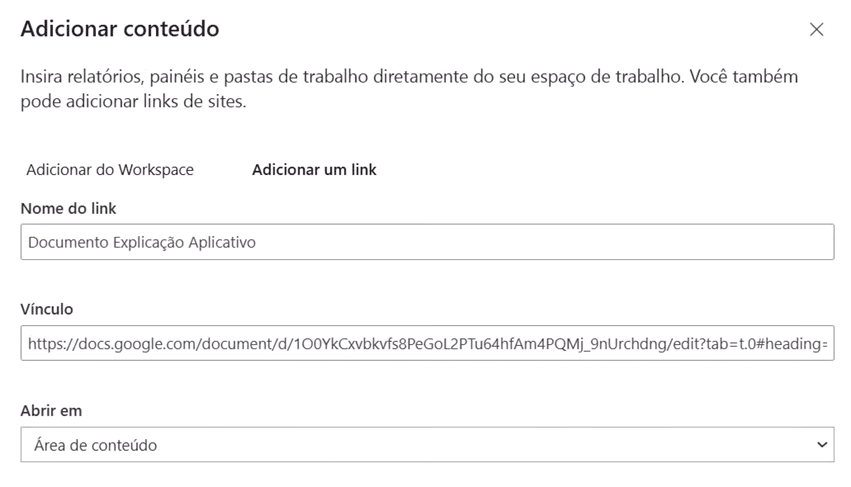 opção Área de conteúdo