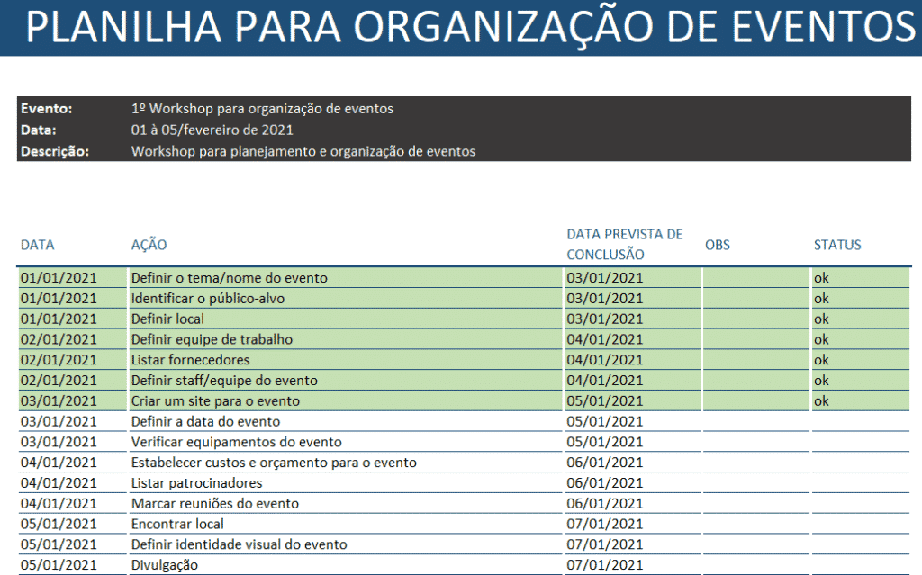 Planilha de Organização de Eventos