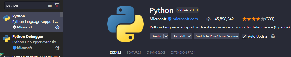 extensão do Python instalada no VS Code