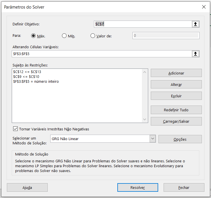 Configurando o solver