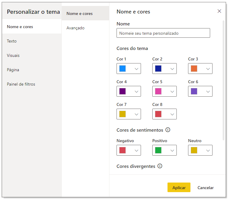 Configurações do tema atual
