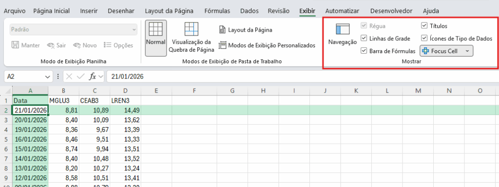 Focus Cell no Excel 365