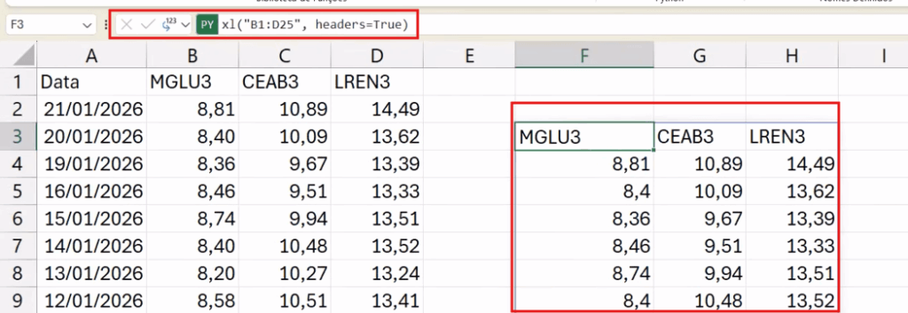 Célula com DataFrame gerado via Python no Excel