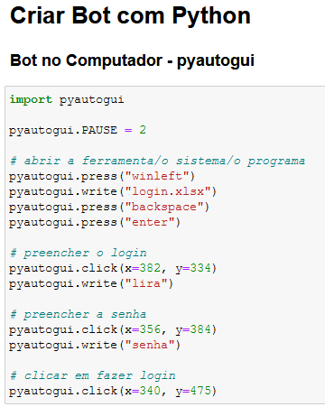 Código utilizando o Pyautogui para automatizar uma ação