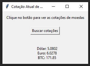 Tela com os resultados do código para busca de moedas