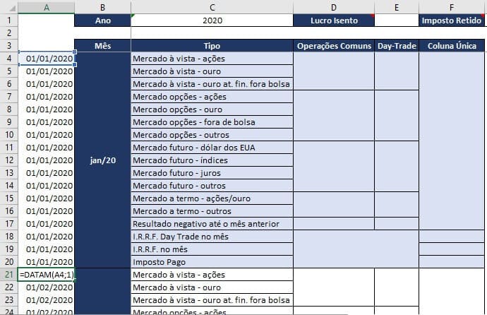 Planilha para Controle de Ações e IR