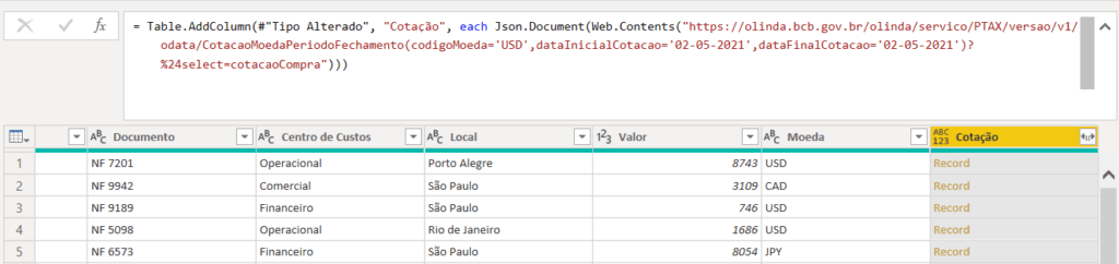 Importar cotações no Power BI