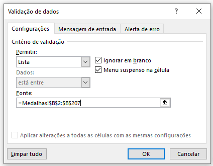 Ajustando a validação de dados como lista