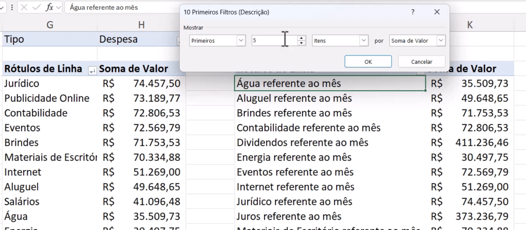 configurando para visualizar apenas os 5 maiores
