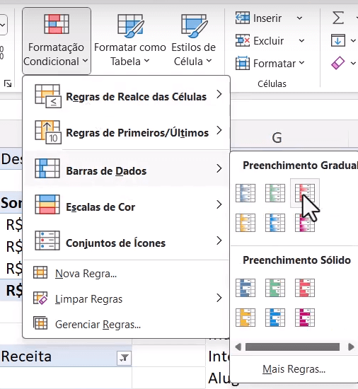 opções de formatação condicional até barra de dados