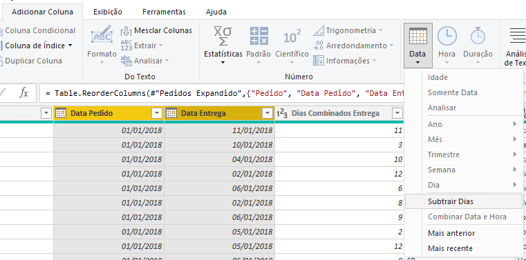 Fazendo a subtração das datas