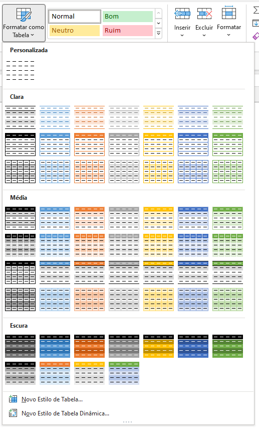Estilos para formatar como tabela