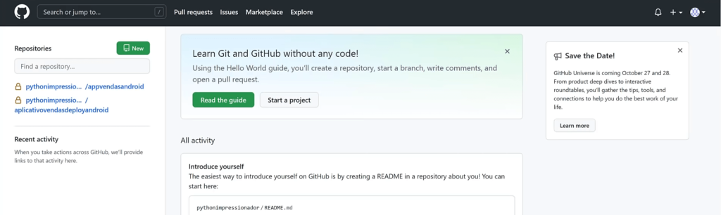 Página inicial do GitHub