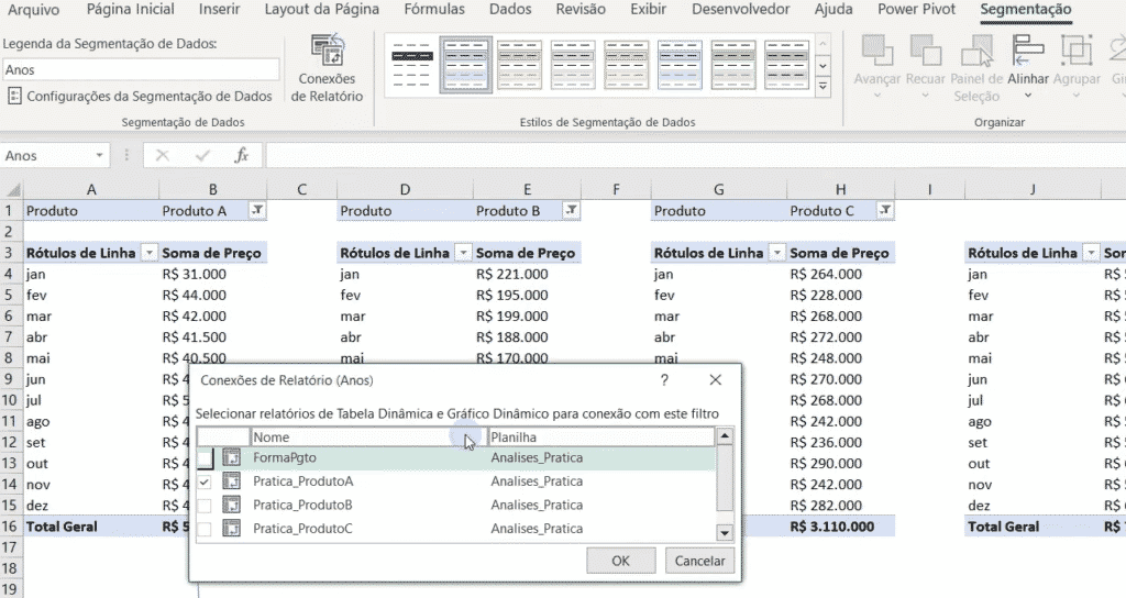 Conexão de relatórios no Excel