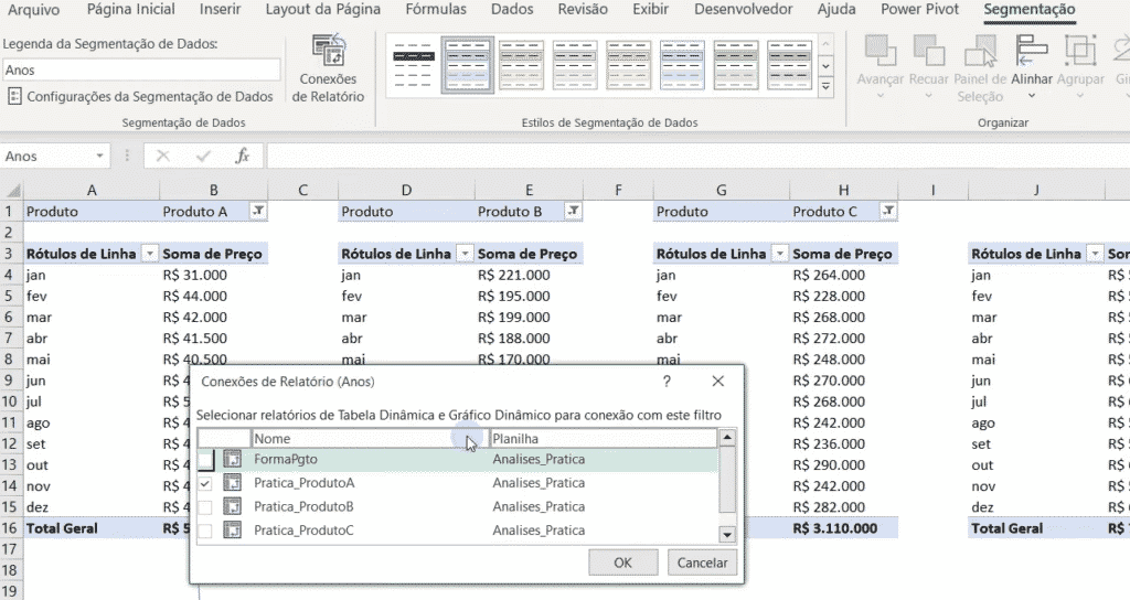 Conexão de relatórios no Excel