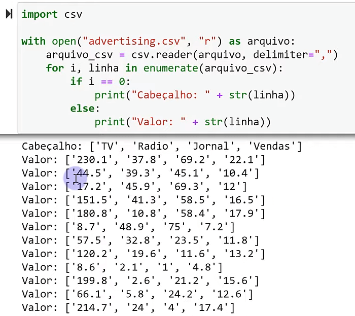 Primeira forma de trabalhar com arquivos CSV Python