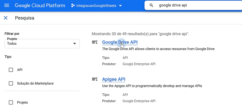 Ativando a API do Google Drive