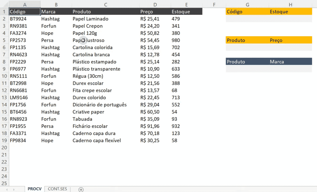 Base de dados para o PROCV