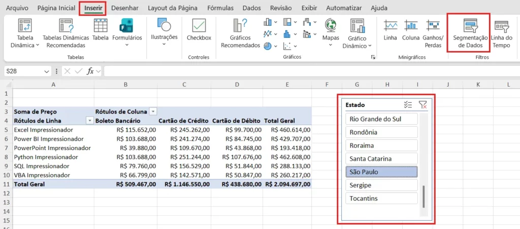 painel de segmentação de dados com botões de estados ao lado da tabela dinâmica
