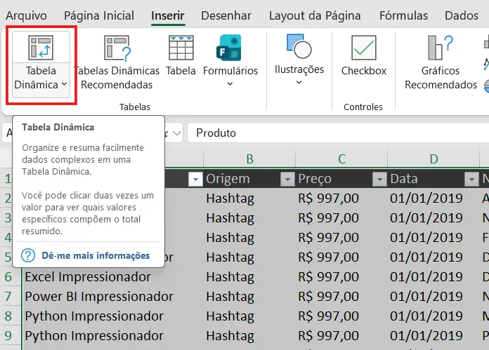 tela do Excel com toda a base selecionada via CTRL + T e a opção Inserir, Tabela Dinâmica destacada