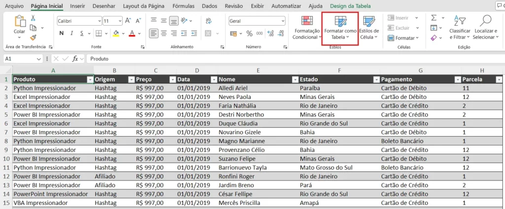 recurso Formatar como Tabela sendo aplicado à base de dados antes da criação da tabela dinâmica