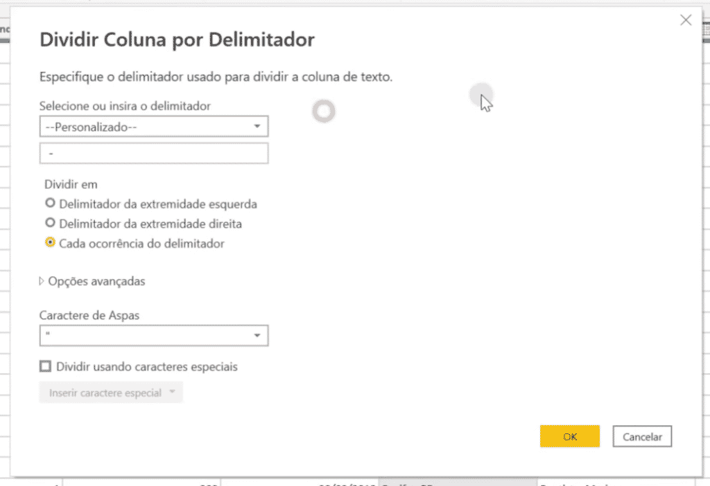 Configuração da divisão de coluna