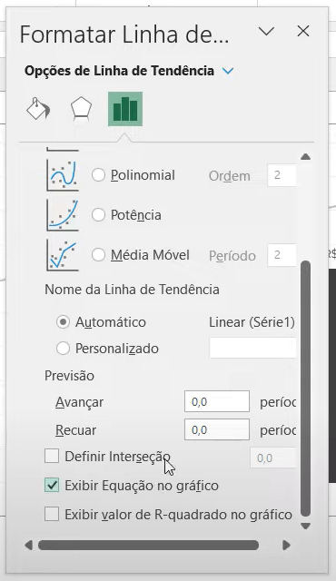 Opções de linha de tendência