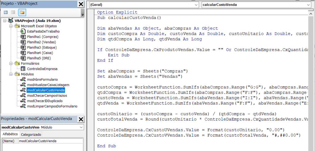 Cálculo de custo unitário no Excel