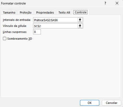 janela Formatar Controle do Excel aberta com os campos Intervalo de entrada e Vínculo da célula preenchidos para a Caixa de Combinação