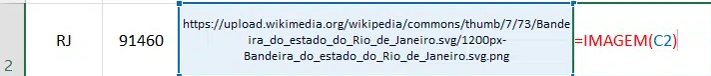 célula do Excel exibindo a fórmula =IMAGEM com URL