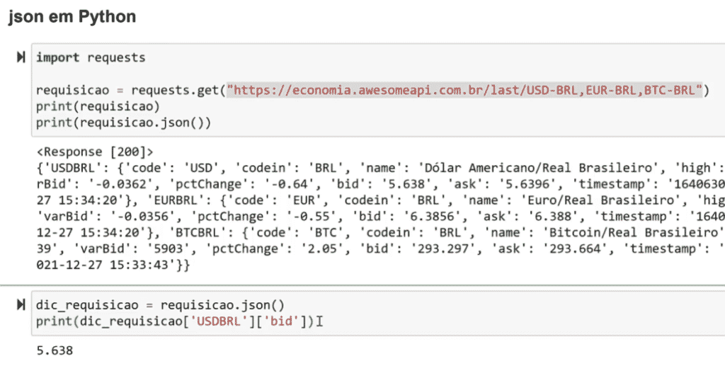 Código para requisição da cotação de moedas