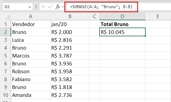 fórmula =SOMASE aplicada na planilha de vendas com o critério "Bruno" e o total destacado