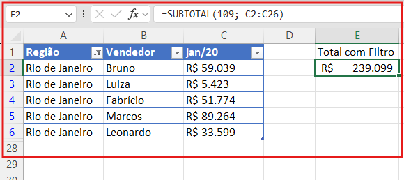  tabela com filtro de "Rio de Janeiro" aplicado, mostrando SOMA com valor geral (errado) e SUBTOTAL(109) com valor filtrado (correto)