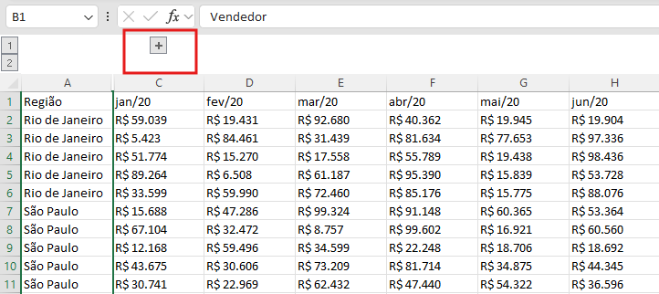  coluna de Vendedor agrupada com o botão − visível acima do cabeçalho da coluna