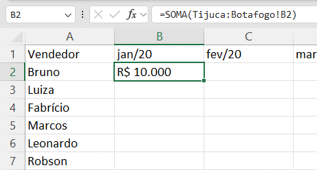fórmula =SOMA(Tijuca:Botafogo!B2) na barra de fórmulas com as abas Tijuca, Lagoa, Ipanema e Botafogo selecionadas em destaque