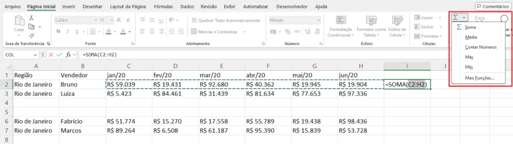 guia Página Inicial do Excel com o botão AutoSoma destacado