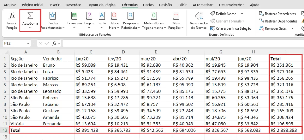 planilha de vendas com todos os totais (linhas e colunas) preenchidos via AutoSoma em uma única operação