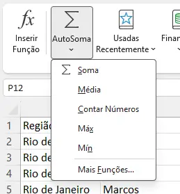 menu suspenso da AutoSoma com as cinco opções (Soma, Média, Cont.Núm, Máx, Mín)
