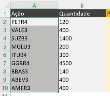 Selecionando as ações no Excel