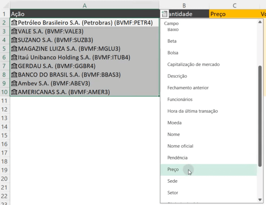 Opções de dados para ações no Excel