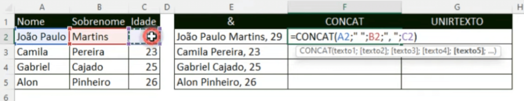 Juntar Células no Excel