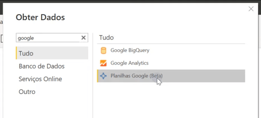 Opção de obter dados das Planilhas Google